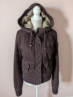 🥰 Vintage Y2K Abercrombie & Fitch Zip Front Faux Fur Lined Hooded Bomber Jacket